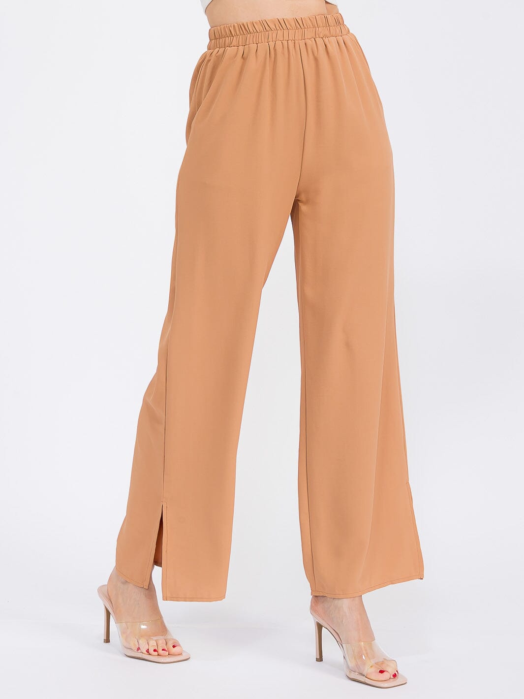 WOMEN'S ELASTIC WAIST FRONT POCKETS WIDE SLIT LEG PANTS