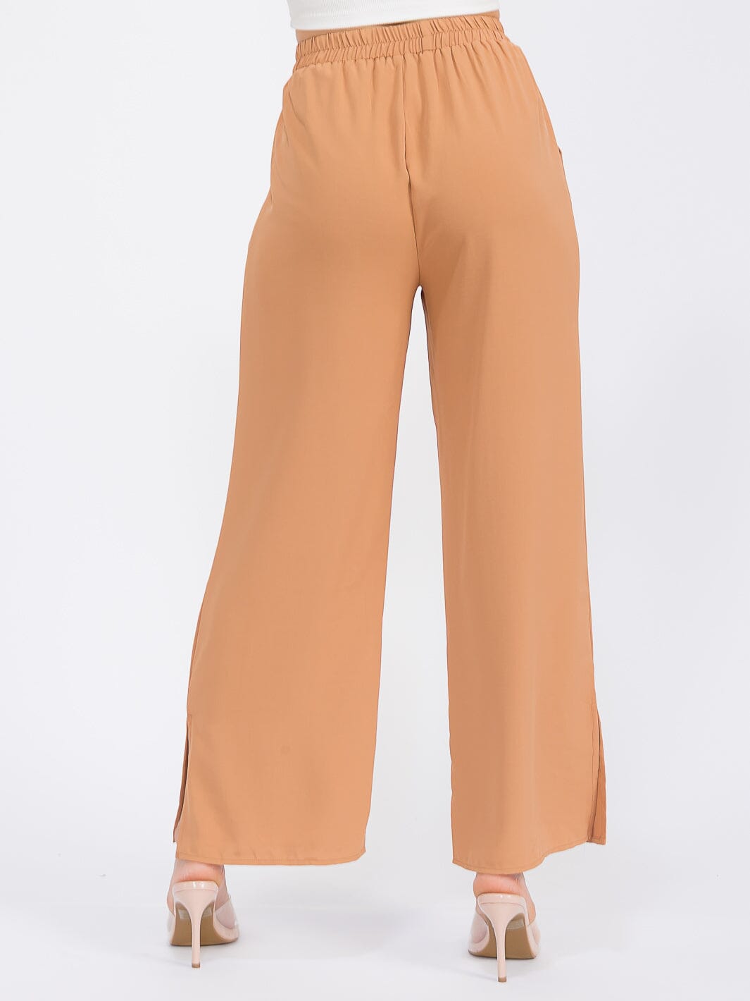 WOMEN'S ELASTIC WAIST FRONT POCKETS WIDE SLIT LEG PANTS
