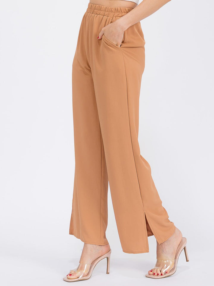 WOMEN'S ELASTIC WAIST FRONT POCKETS WIDE SLIT LEG PANTS