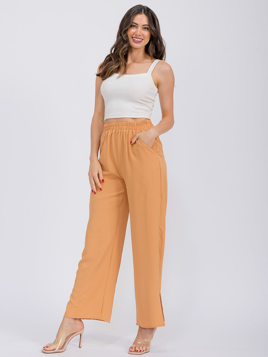 WOMEN'S ELASTIC WAIST FRONT POCKETS WIDE SLIT LEG PANTS