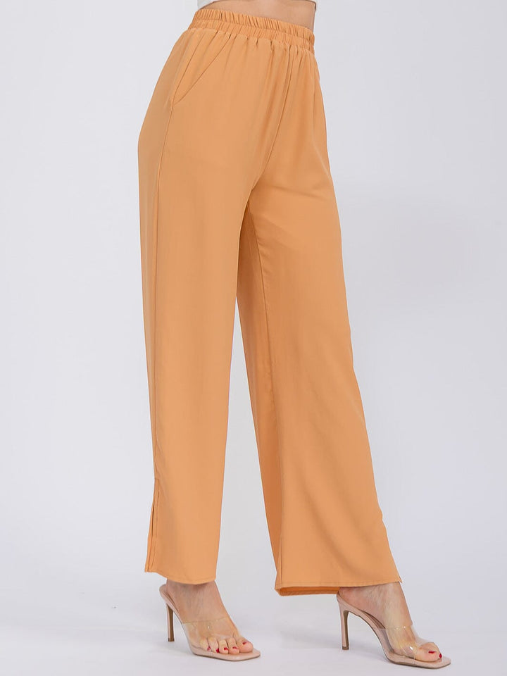 WOMEN'S ELASTIC WAIST FRONT POCKETS WIDE SLIT LEG PANTS