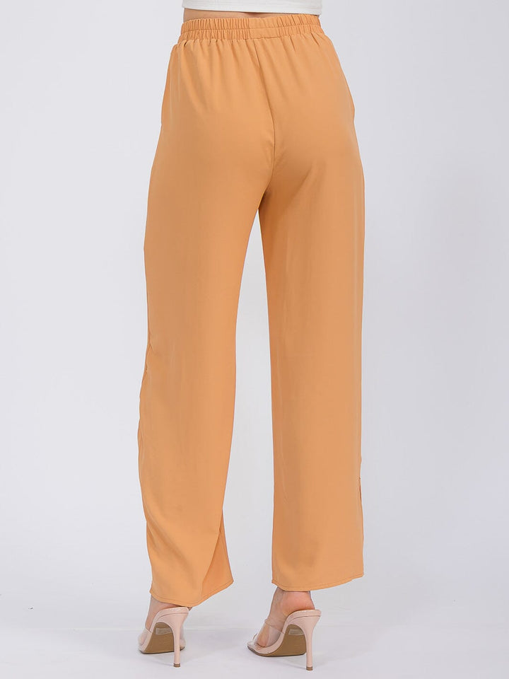WOMEN'S ELASTIC WAIST FRONT POCKETS WIDE SLIT LEG PANTS