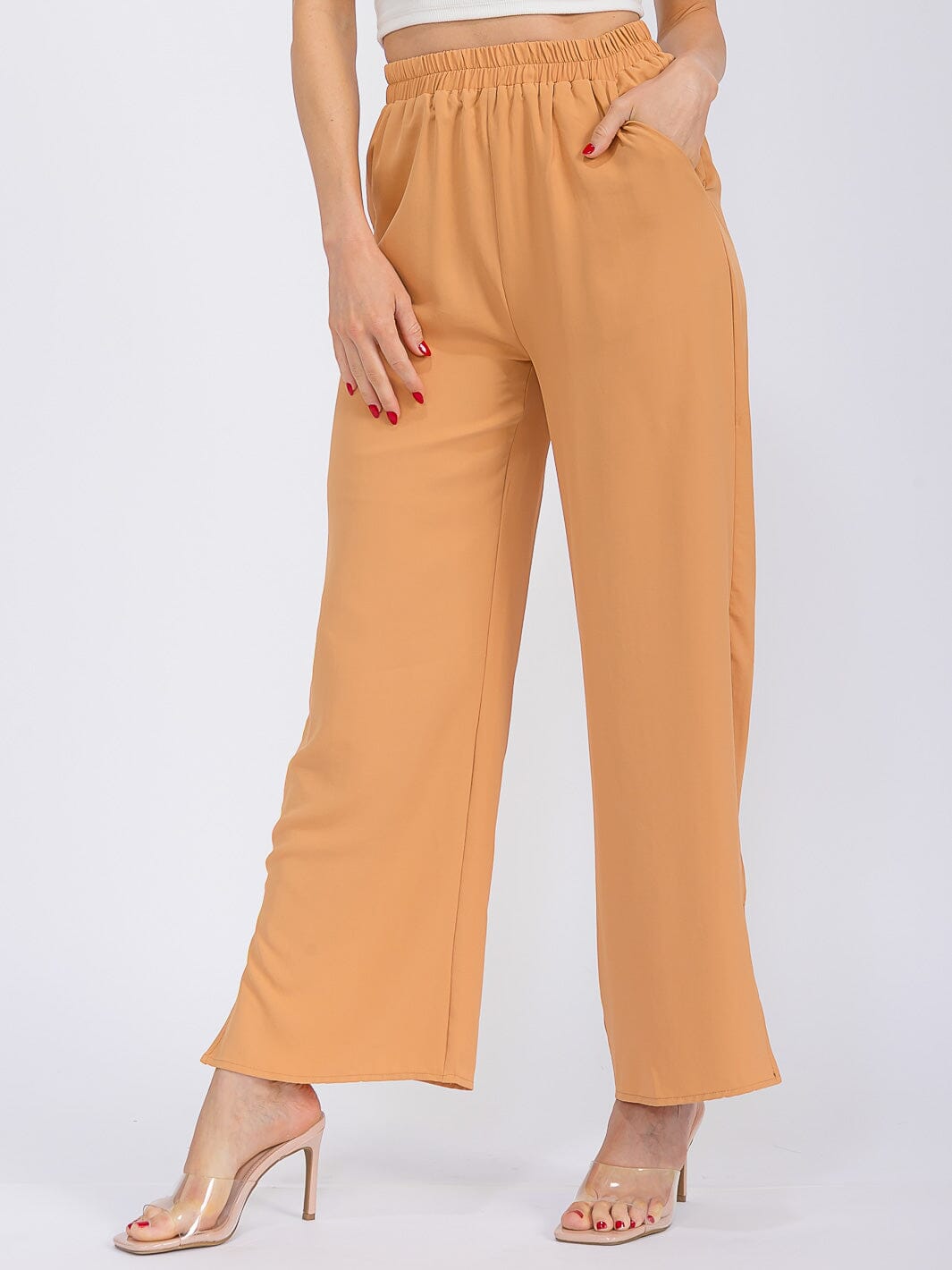 WOMEN'S ELASTIC WAIST FRONT POCKETS WIDE SLIT LEG PANTS