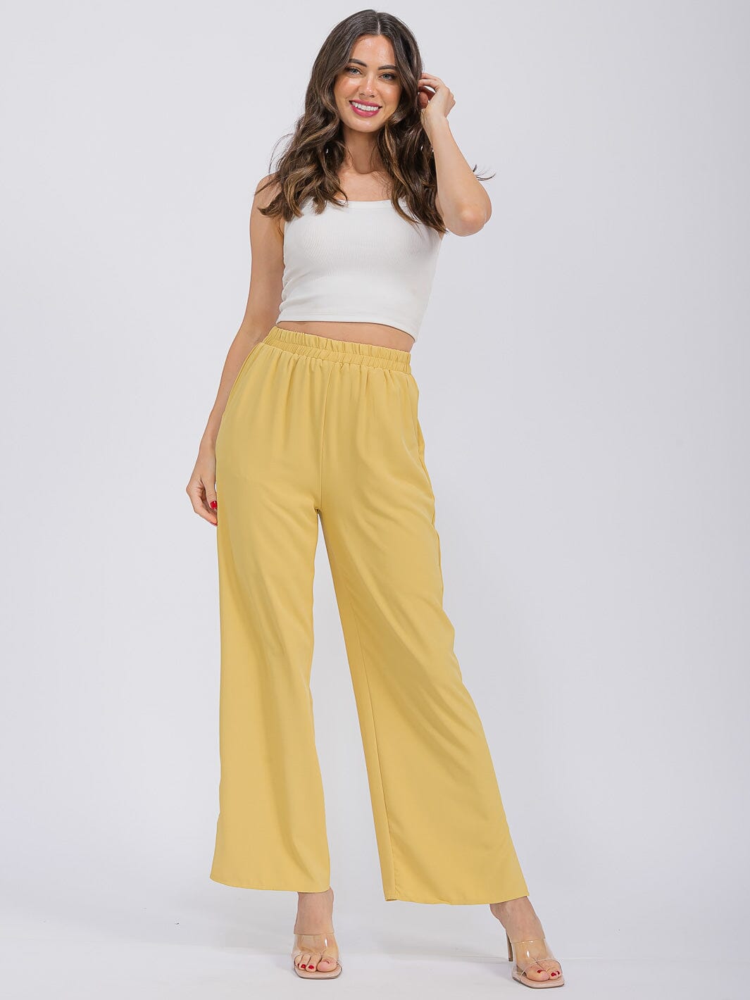 WOMEN'S ELASTIC WAIST FRONT POCKETS WIDE SLIT LEG PANTS