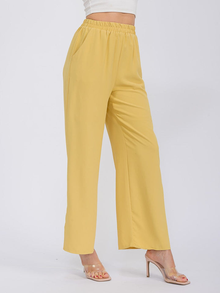 WOMEN'S ELASTIC WAIST FRONT POCKETS WIDE SLIT LEG PANTS