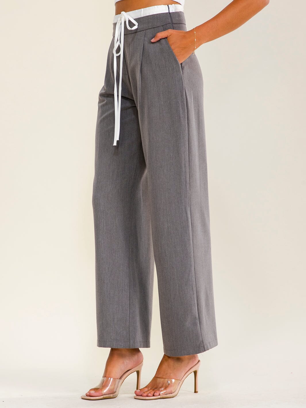 WOMEN'S ELASTIC WAIST SELF TIE FRONT POCKETS STRAIGHT LEGS PANTS