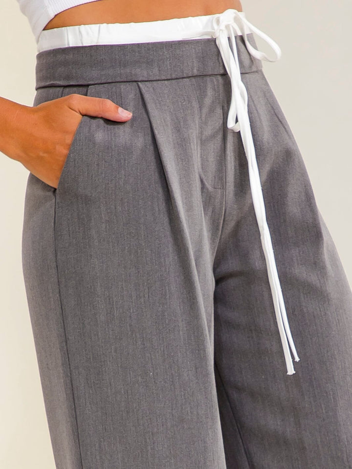 WOMEN'S ELASTIC WAIST SELF TIE FRONT POCKETS STRAIGHT LEGS PANTS