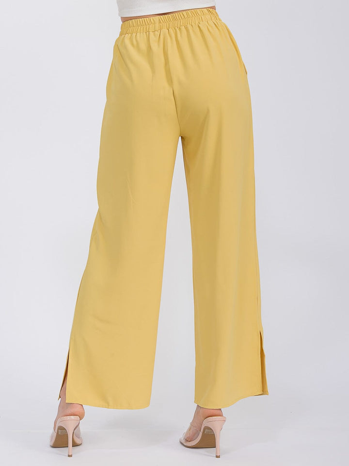 WOMEN'S ELASTIC WAIST FRONT POCKETS WIDE SLIT LEG PANTS
