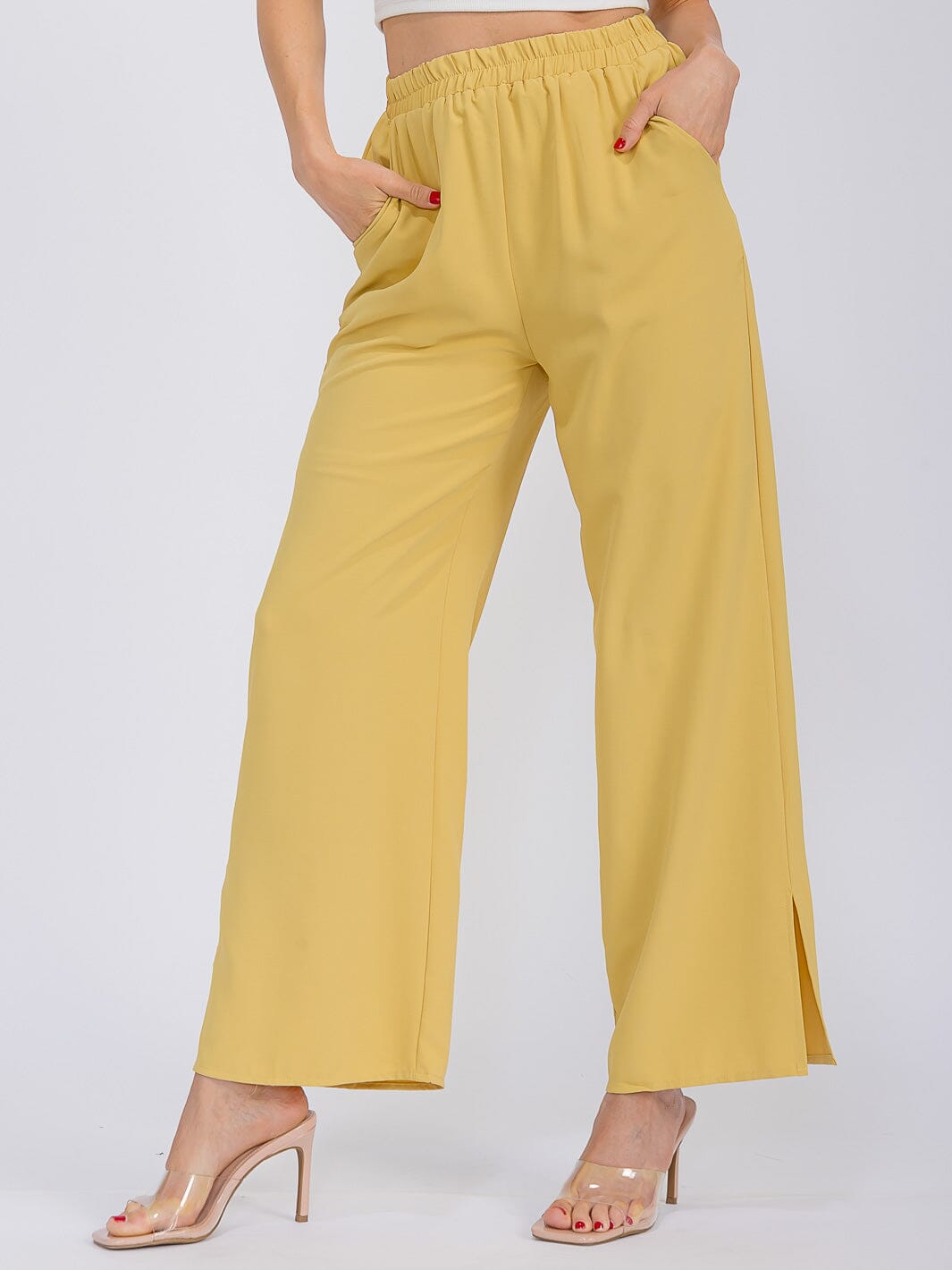 WOMEN'S ELASTIC WAIST FRONT POCKETS WIDE SLIT LEG PANTS