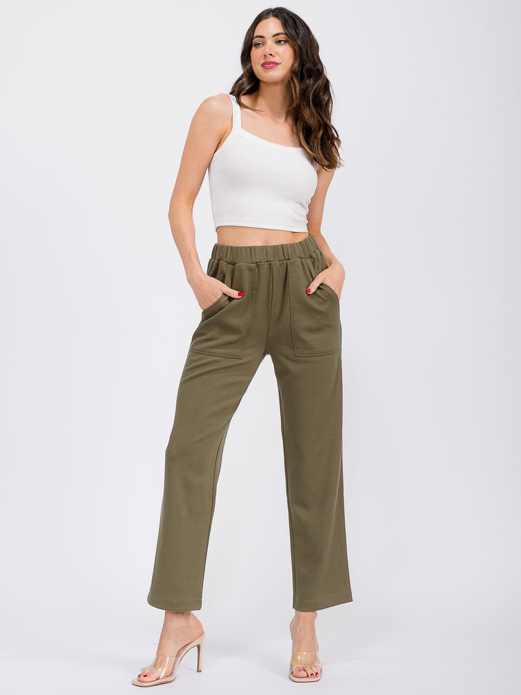 WOMEN'S ELASTIC WAIST FRONT POCKETS RIBBED WIDE LEG PANTS