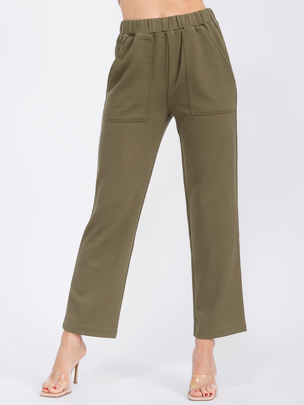 WOMEN'S ELASTIC WAIST FRONT POCKETS RIBBED WIDE LEG PANTS