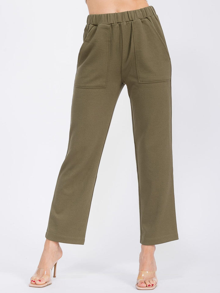 WOMEN'S ELASTIC WAIST FRONT POCKETS RIBBED WIDE LEG PANTS
