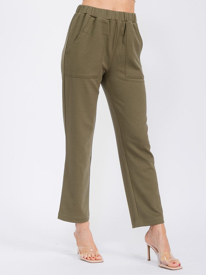 WOMEN'S ELASTIC WAIST FRONT POCKETS RIBBED WIDE LEG PANTS