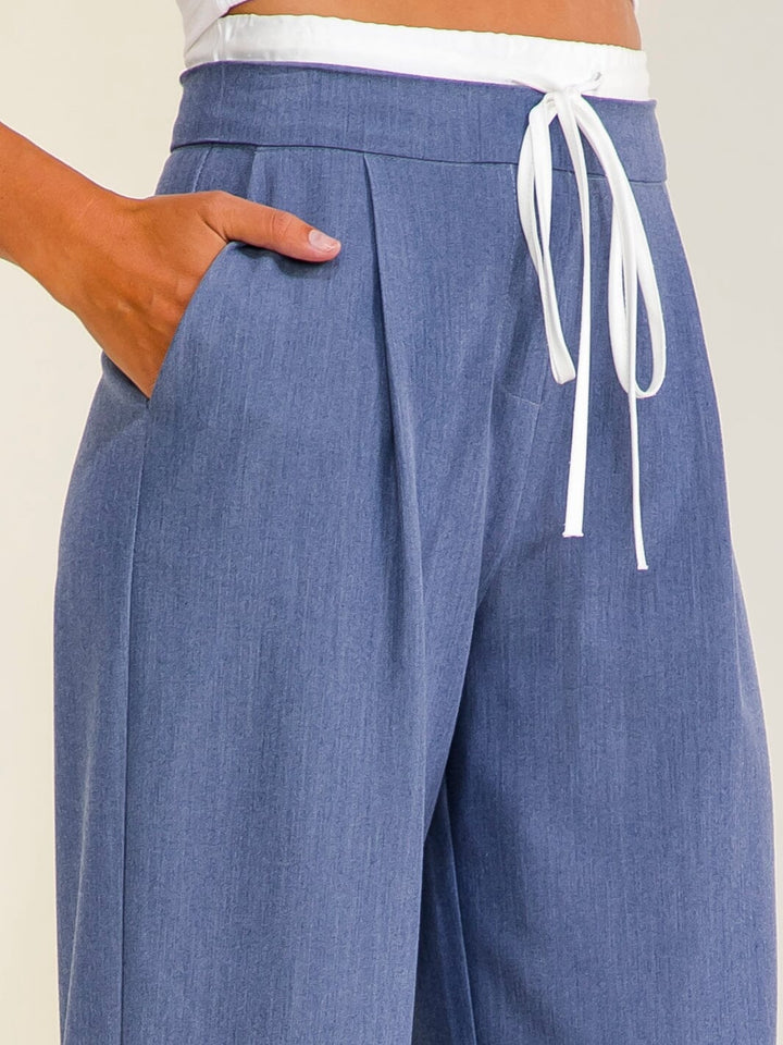 WOMEN'S ELASTIC WAIST SELF TIE FRONT POCKETS STRAIGHT LEGS PANTS