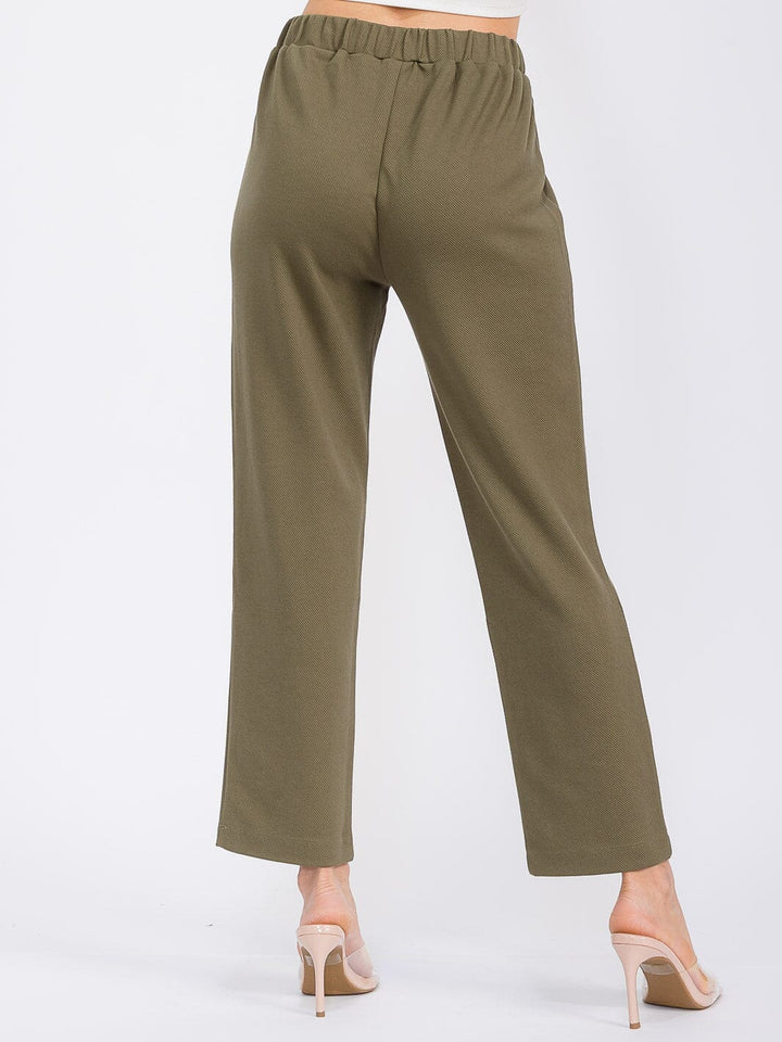 WOMEN'S ELASTIC WAIST FRONT POCKETS RIBBED WIDE LEG PANTS
