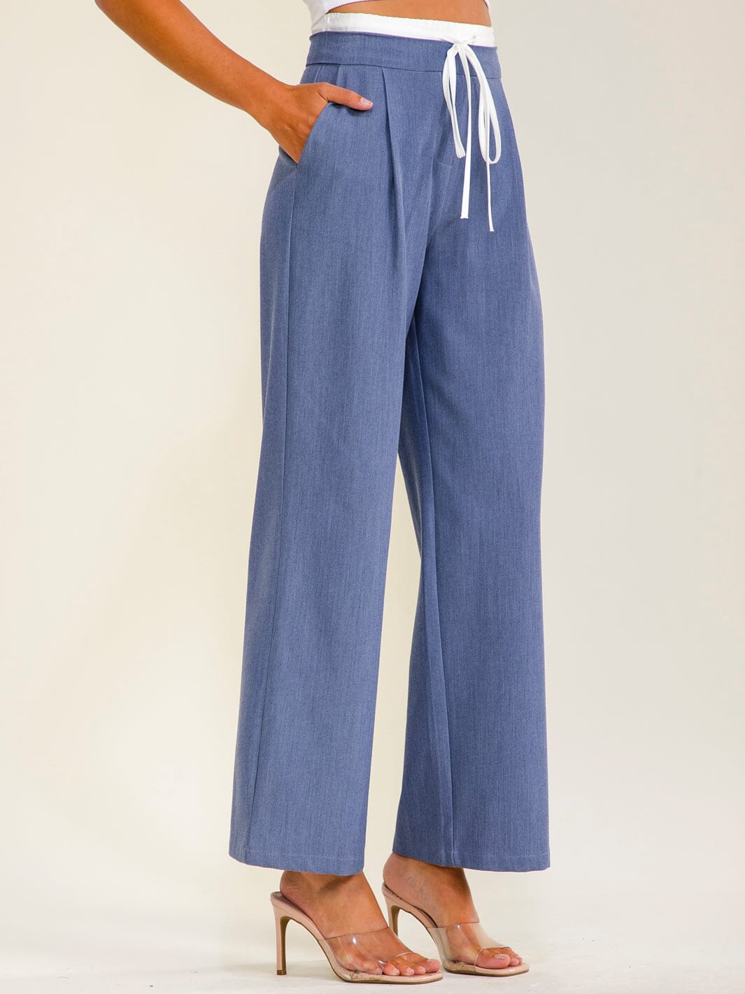 WOMEN'S ELASTIC WAIST SELF TIE FRONT POCKETS STRAIGHT LEGS PANTS