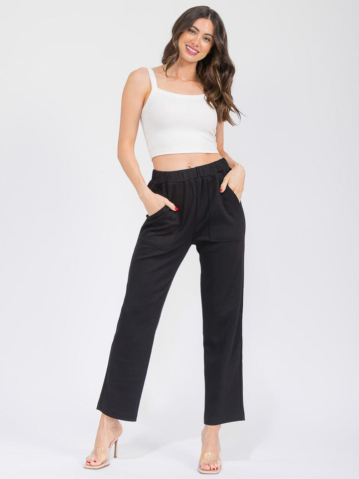 WOMEN'S ELASTIC WAIST FRONT POCKETS RIBBED WIDE LEG PANTS