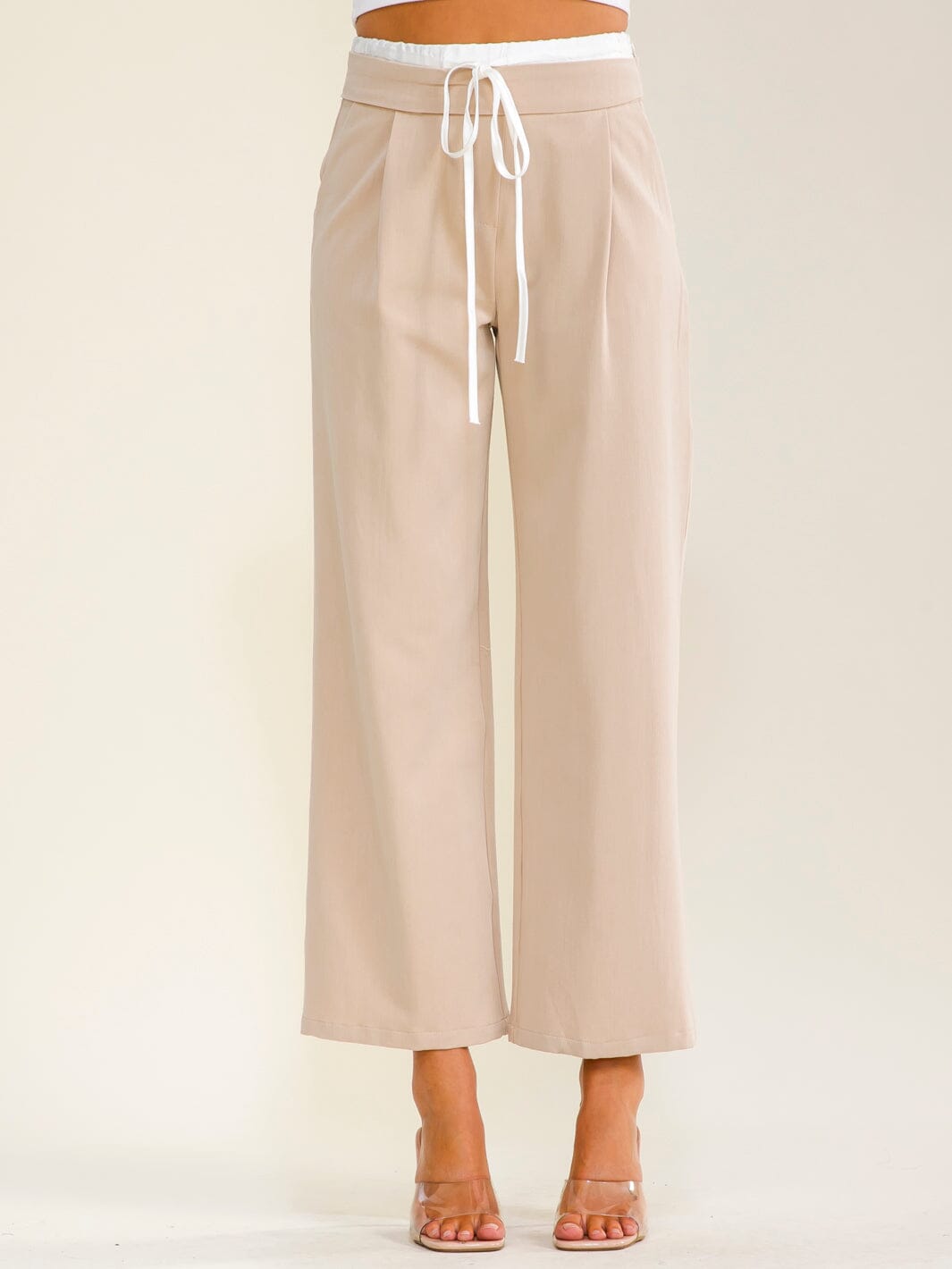 WOMEN'S ELASTIC WAIST SELF TIE FRONT POCKETS STRAIGHT LEGS PANTS