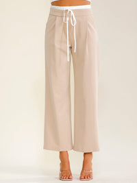 WOMEN'S ELASTIC WAIST SELF TIE FRONT POCKETS STRAIGHT LEGS PANTS