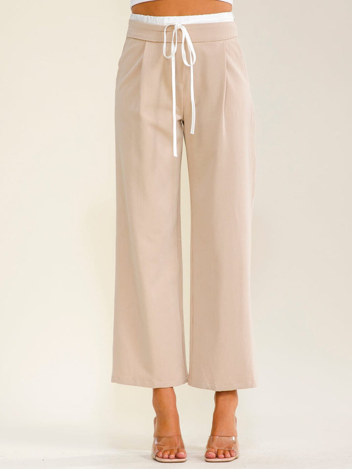 WOMEN'S ELASTIC WAIST SELF TIE FRONT POCKETS STRAIGHT LEGS PANTS