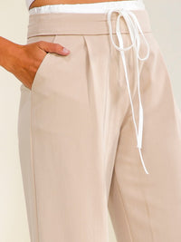 WOMEN'S ELASTIC WAIST SELF TIE FRONT POCKETS STRAIGHT LEGS PANTS