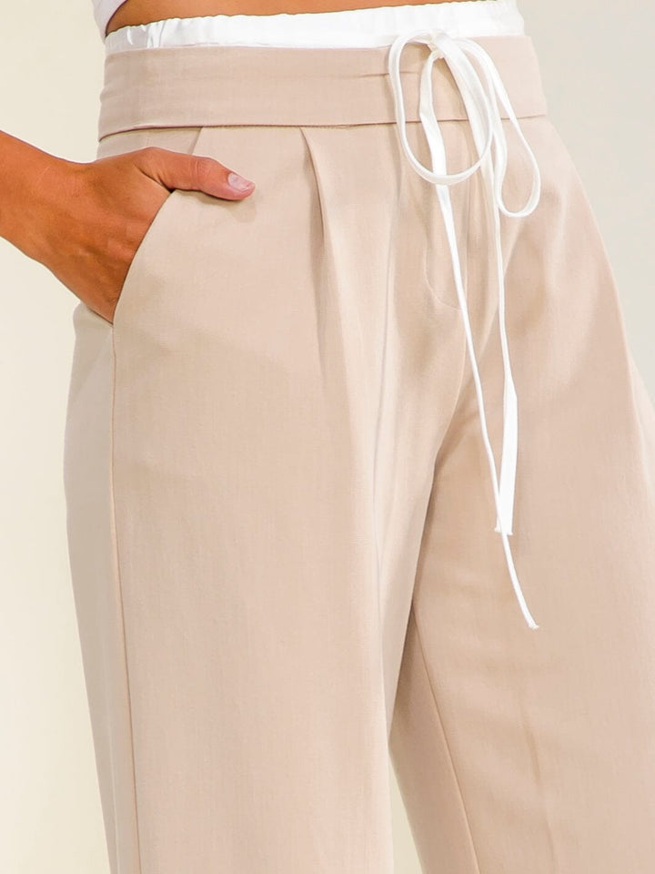 WOMEN'S ELASTIC WAIST SELF TIE FRONT POCKETS STRAIGHT LEGS PANTS