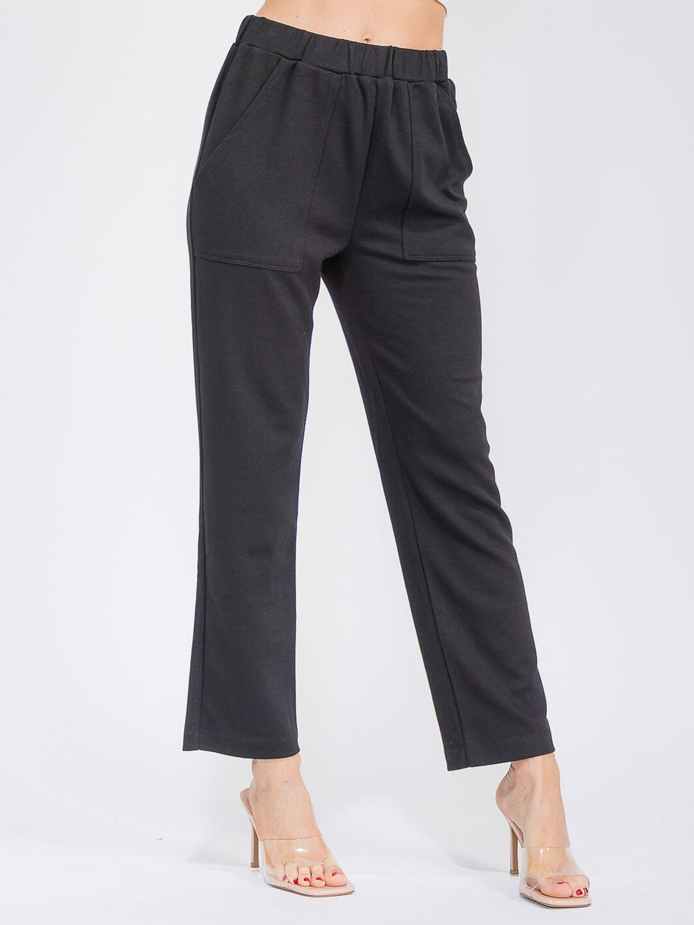 WOMEN'S ELASTIC WAIST FRONT POCKETS RIBBED WIDE LEG PANTS
