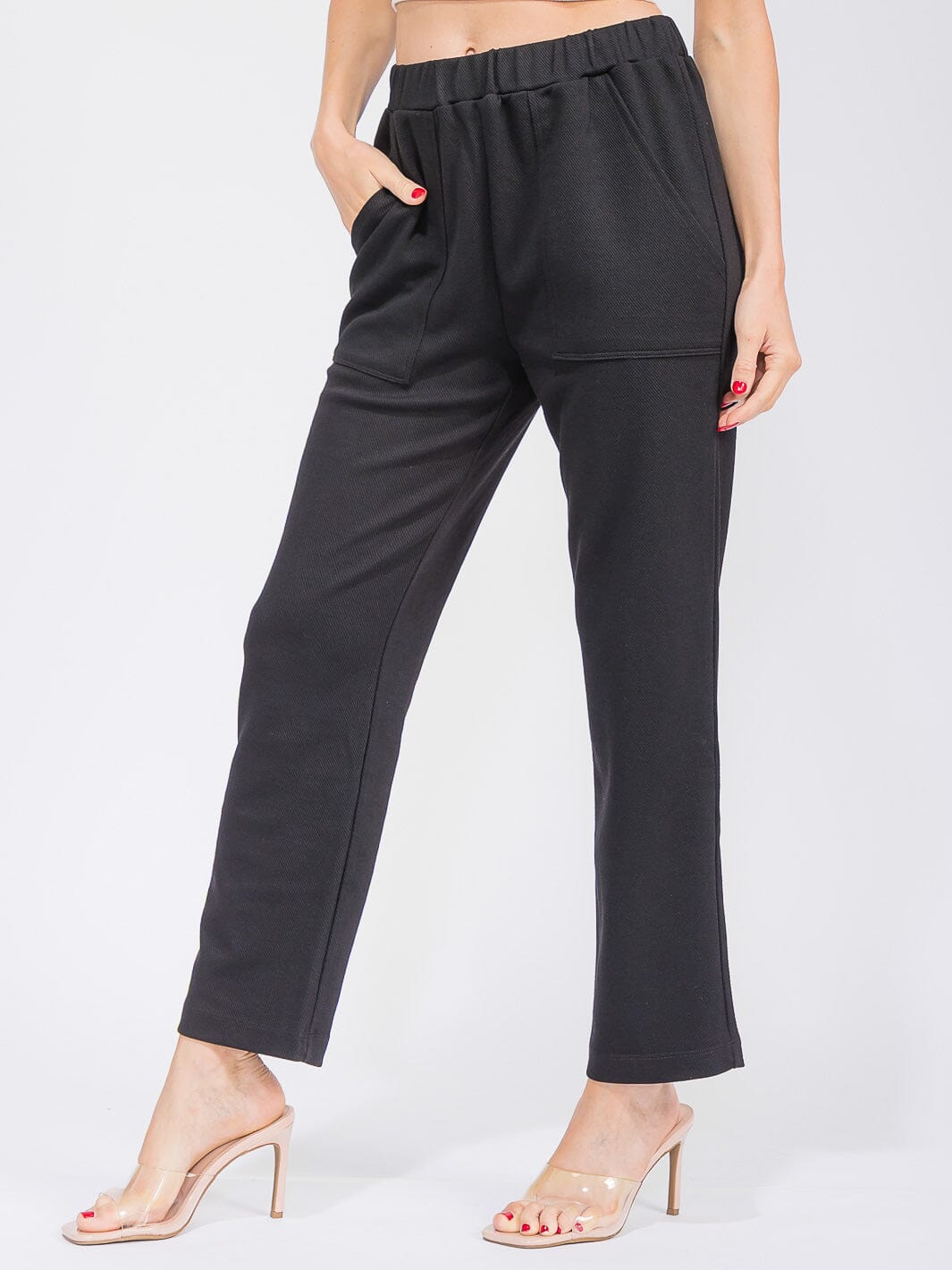 WOMEN'S ELASTIC WAIST FRONT POCKETS RIBBED WIDE LEG PANTS