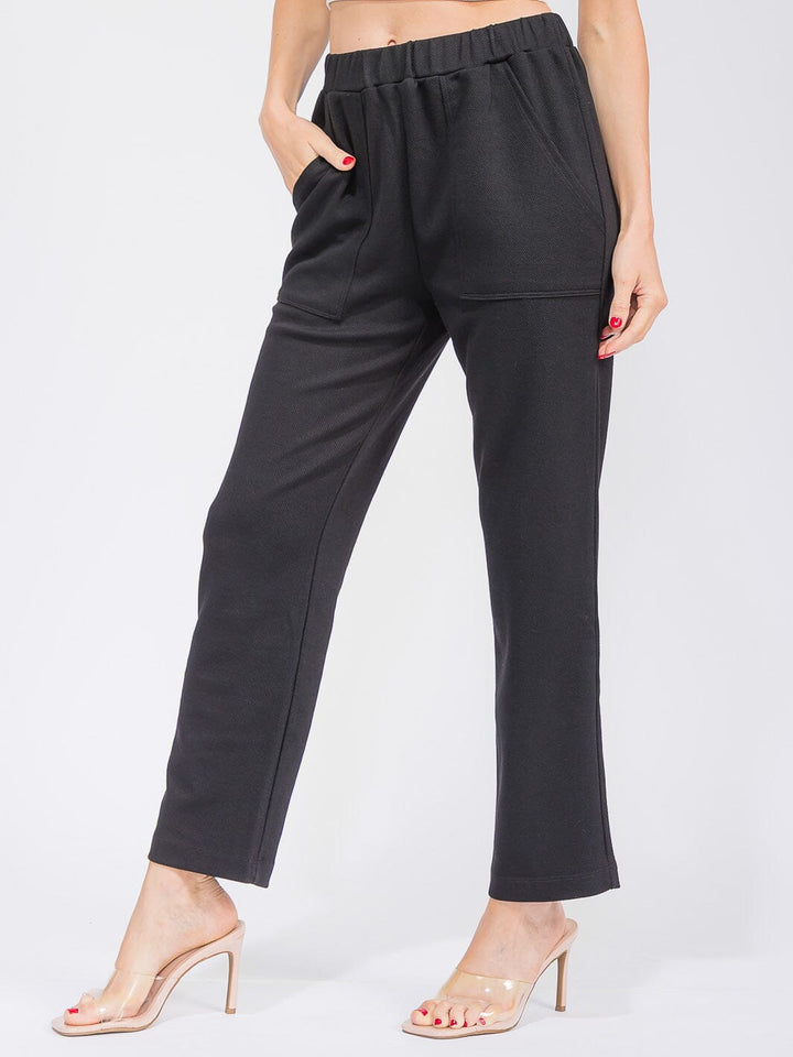 WOMEN'S ELASTIC WAIST FRONT POCKETS RIBBED WIDE LEG PANTS