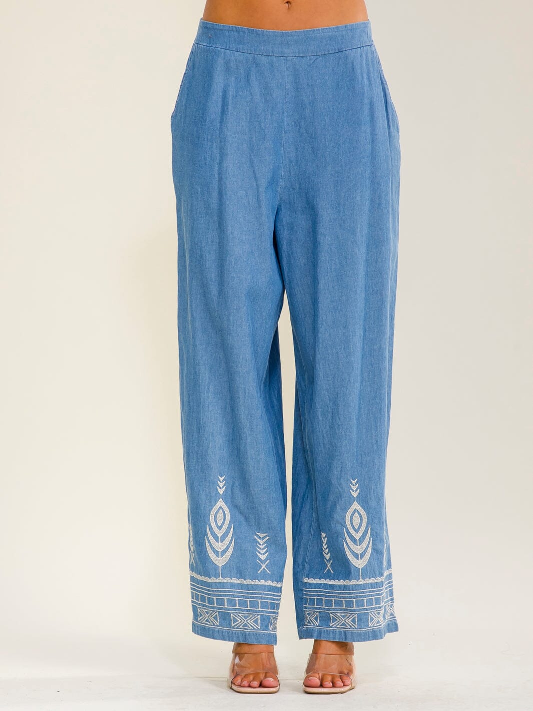 WOMEN'S ELASTIC WAIST FRONT POCKETS WIDE LEG EMBROIDERY PANTS