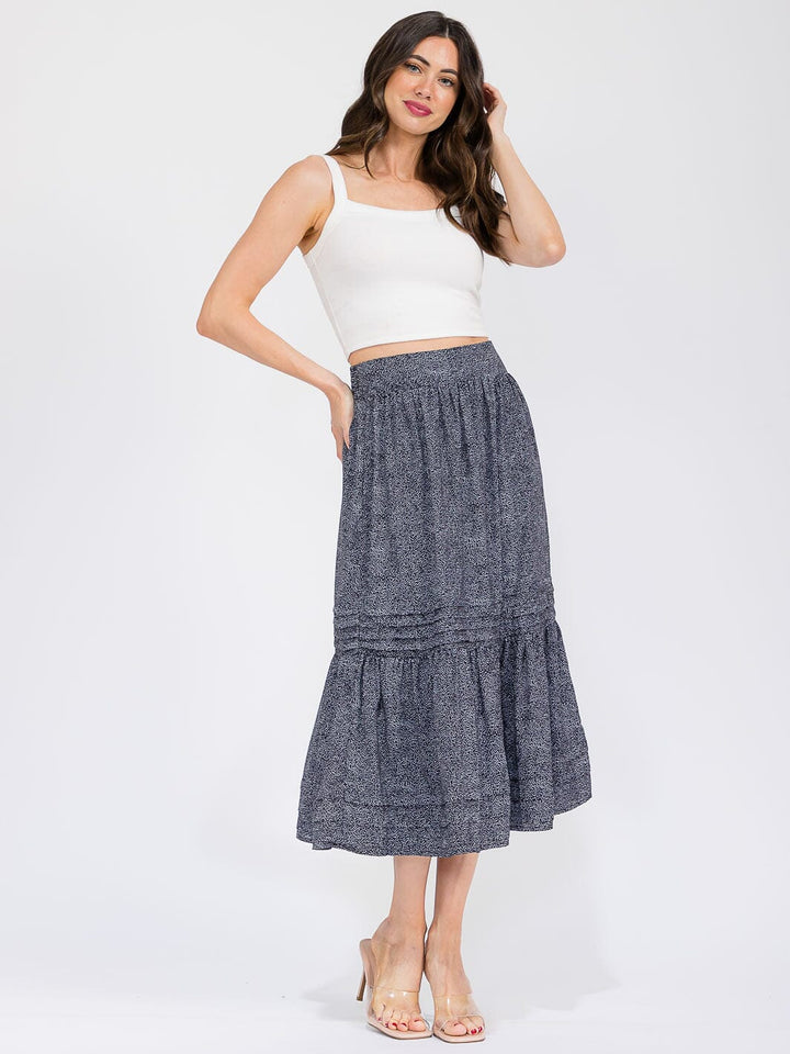 WOMEN'S ELASTIC WAIST TIERED ANIMAL PRINT MIDI SKIRT