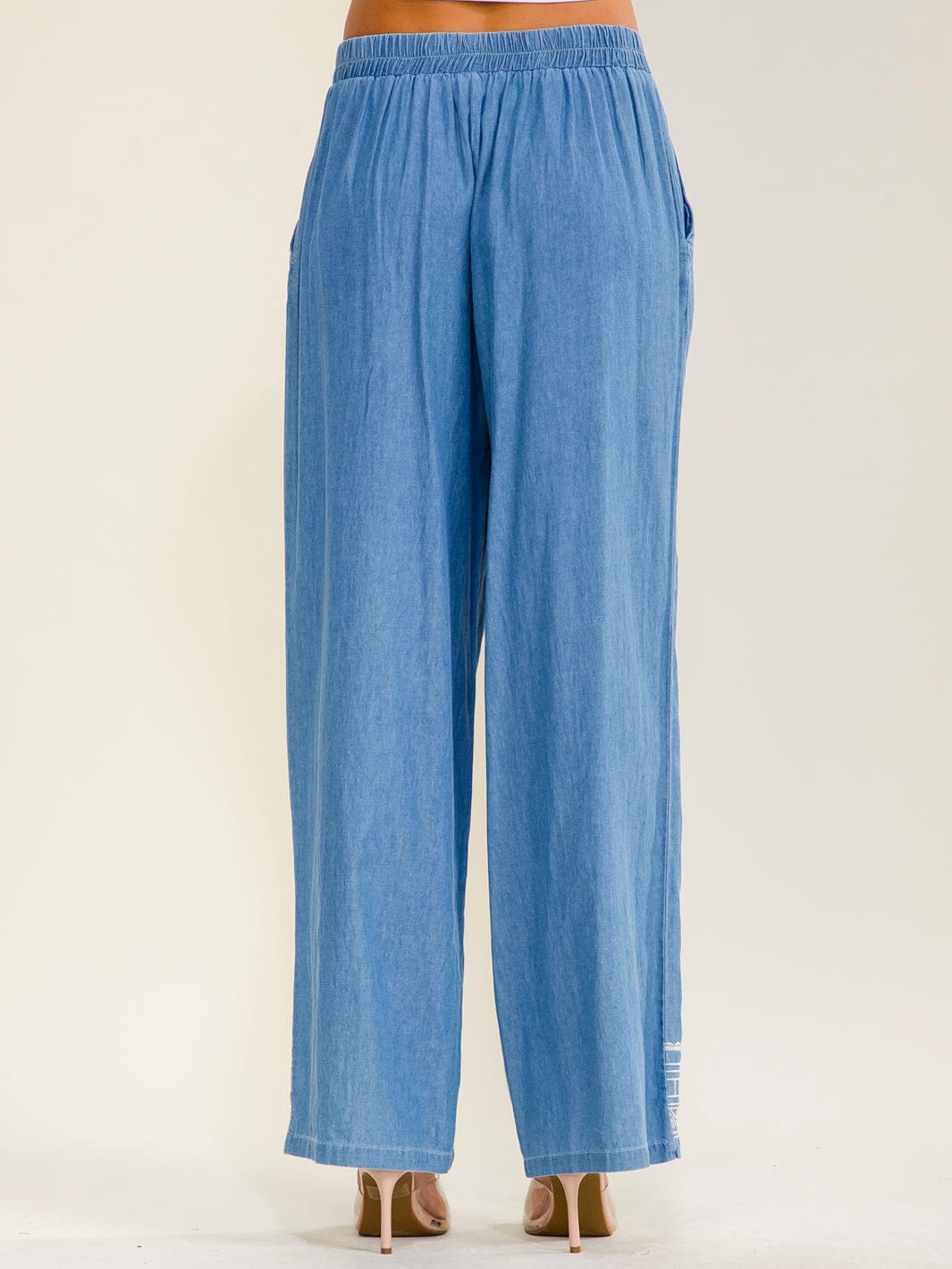 WOMEN'S ELASTIC WAIST FRONT POCKETS WIDE LEG EMBROIDERY PANTS