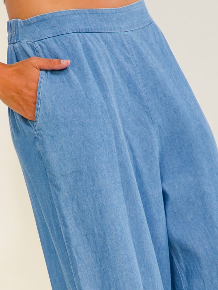 WOMEN'S ELASTIC WAIST FRONT POCKETS WIDE LEG EMBROIDERY PANTS