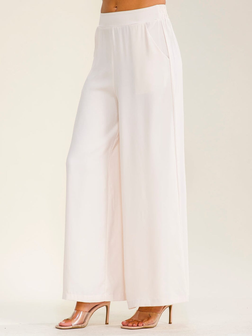************WOMEN'S ELASTIC WAIST ZIPPER CLOSURE FRONT POCKETS WIDE LEG PANTS
