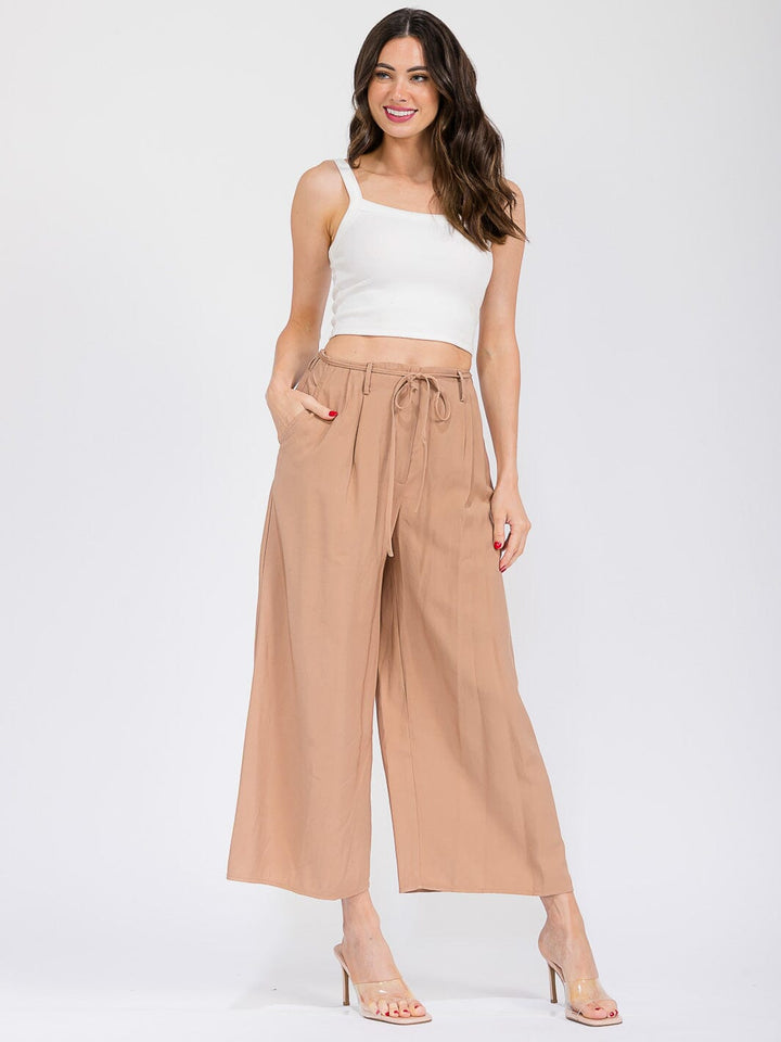 WOMEN'S ELASTIC WAIST FRONT POCKETS WIDE LEG PANTS