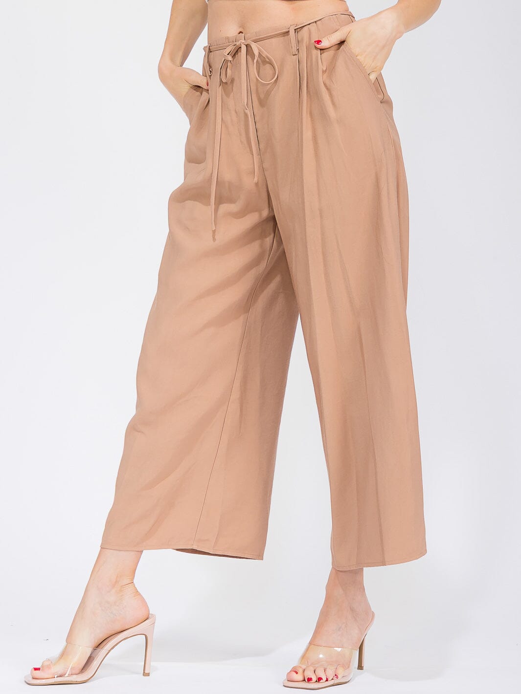 WOMEN'S ELASTIC WAIST FRONT POCKETS WIDE LEG PANTS