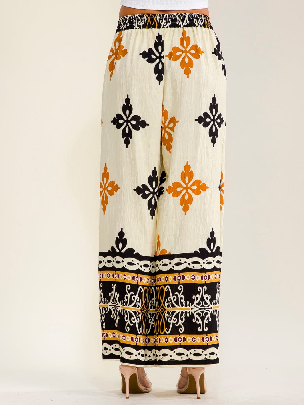 WOMEN'S ELASTIC WAIST BUTTON CLOSURE FRONT POCKETS WIDE LEG MULTI PRINT PANTS