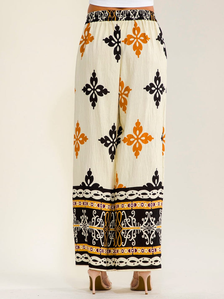 WOMEN'S ELASTIC WAIST BUTTON CLOSURE FRONT POCKETS WIDE LEG MULTI PRINT PANTS