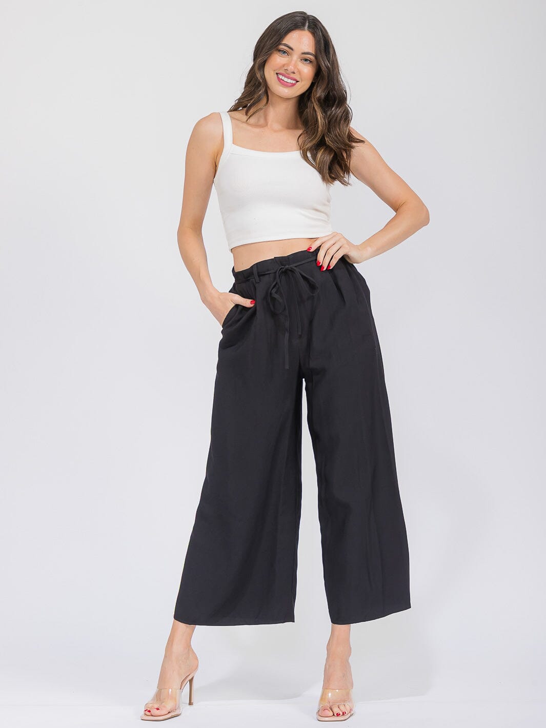 WOMEN'S ELASTIC WAIST FRONT POCKETS WIDE LEG PANTS