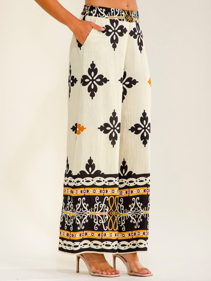 WOMEN'S ELASTIC WAIST BUTTON CLOSURE FRONT POCKETS WIDE LEG MULTI PRINT PANTS