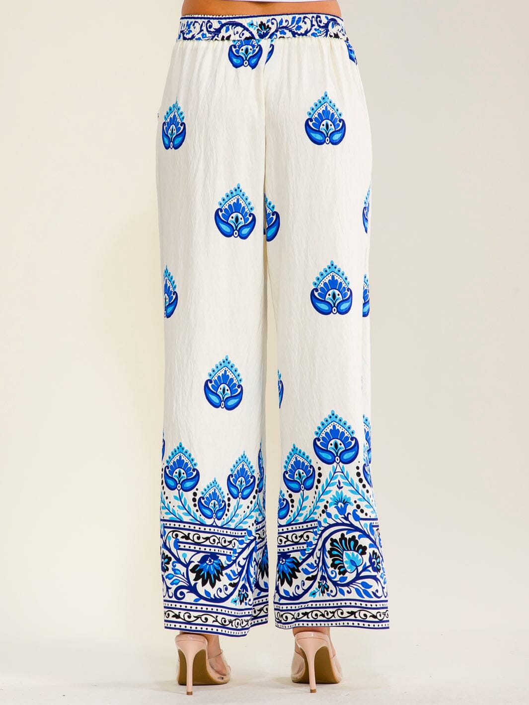 WOMEN'S ELASTIC WAIST FRONT POCKETS WIDE LEG MULTI PRINT PANTS