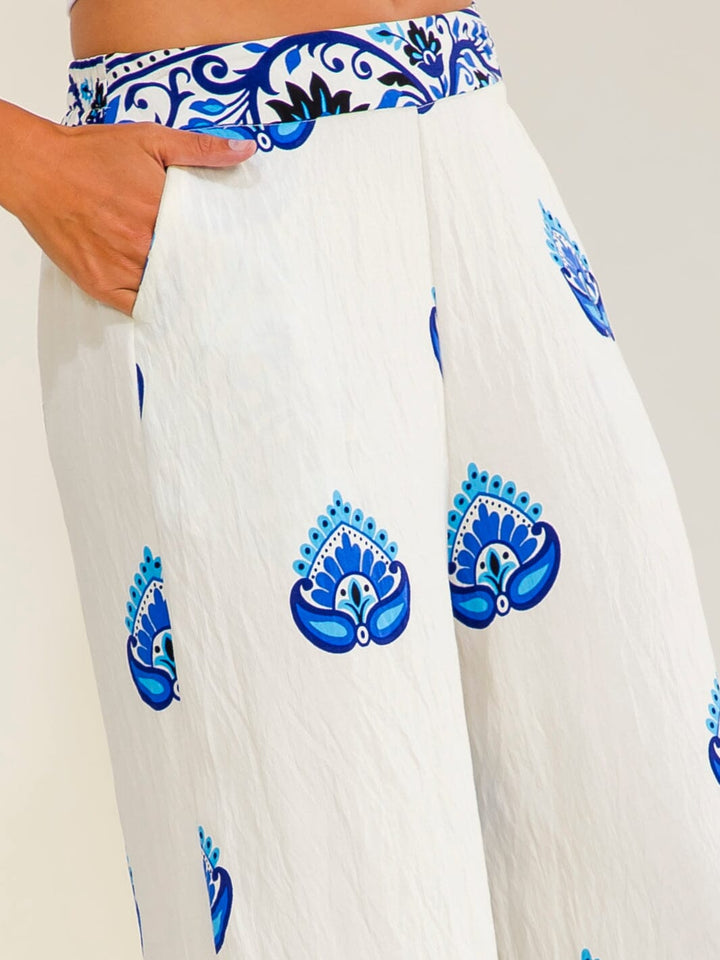 WOMEN'S ELASTIC WAIST FRONT POCKETS WIDE LEG MULTI PRINT PANTS