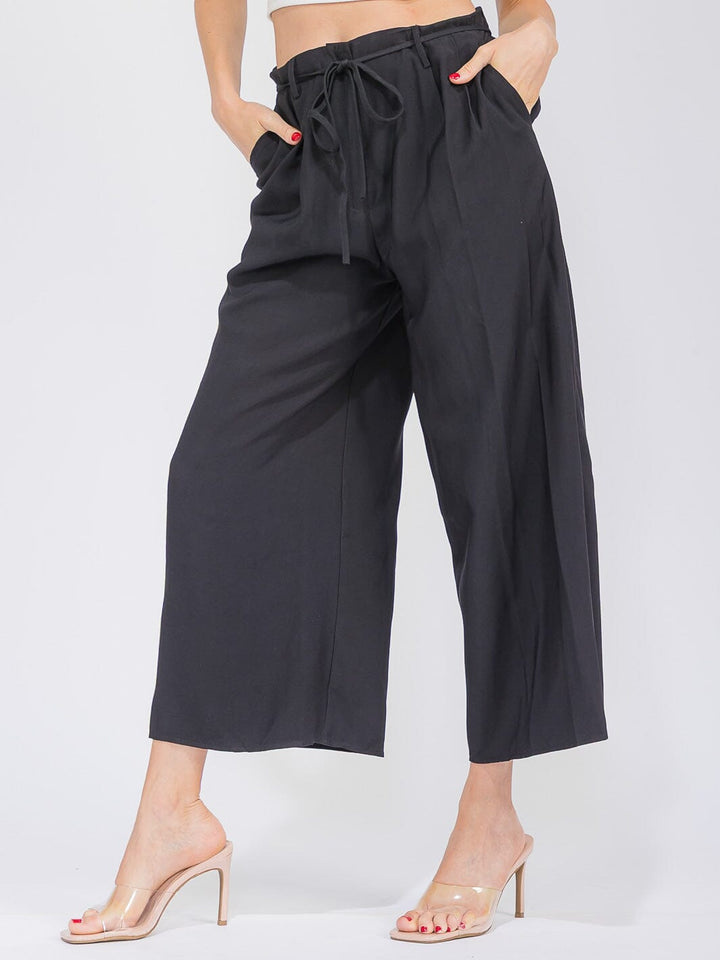 WOMEN'S ELASTIC WAIST FRONT POCKETS WIDE LEG PANTS
