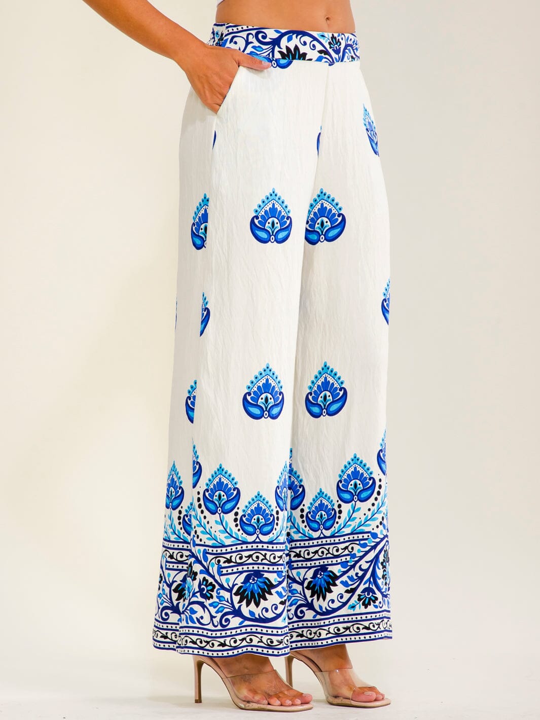 WOMEN'S ELASTIC WAIST FRONT POCKETS WIDE LEG MULTI PRINT PANTS