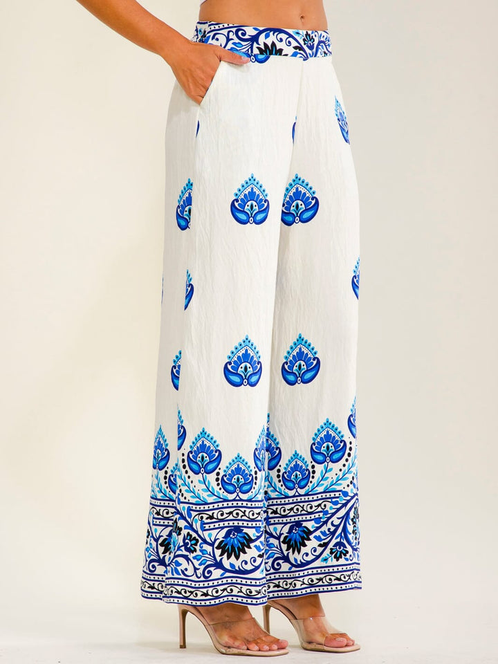 WOMEN'S ELASTIC WAIST FRONT POCKETS WIDE LEG MULTI PRINT PANTS