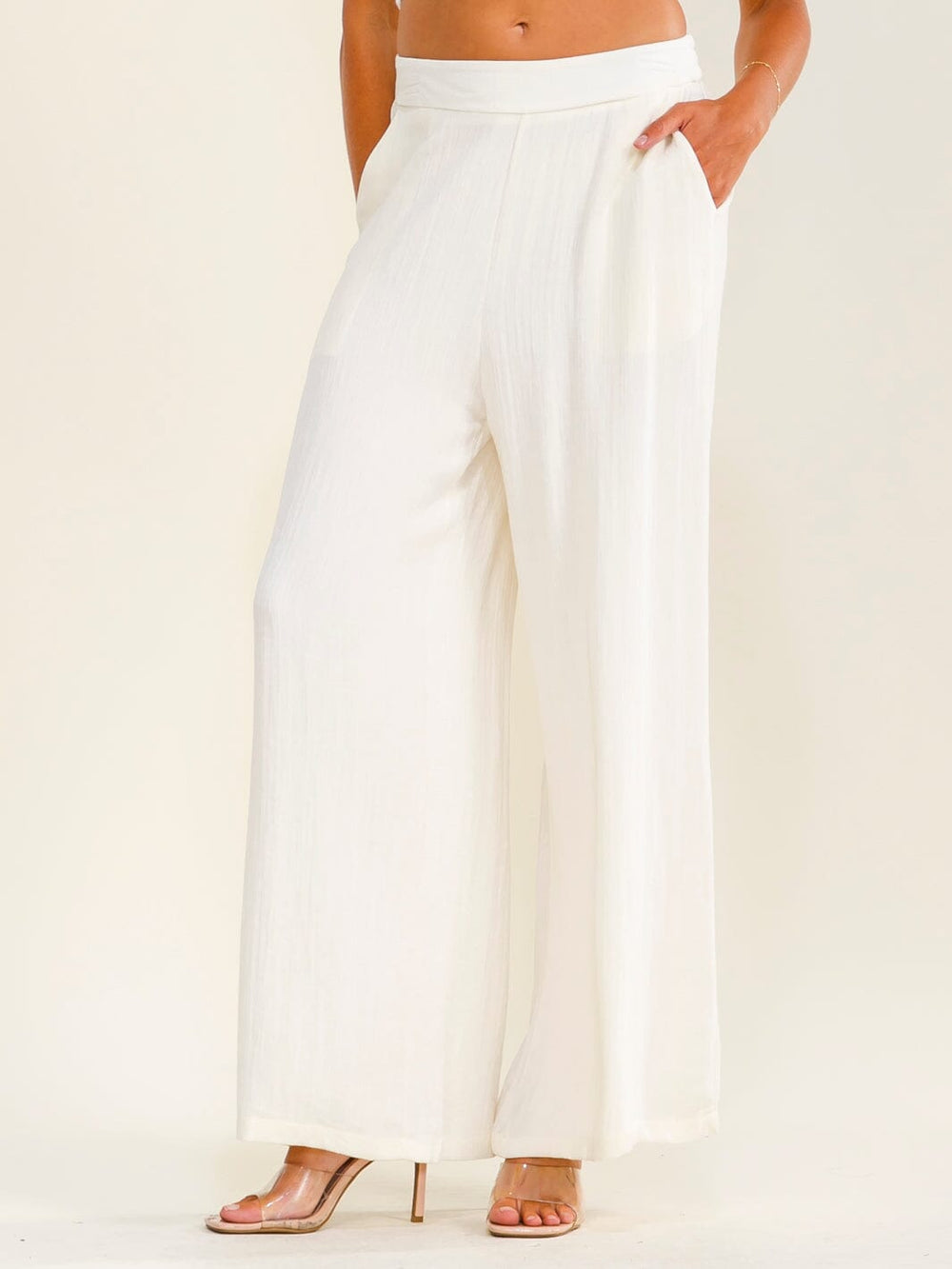 WOMEN'S ELASTIC WAIST FRONT POCKETS WIDE LEG PANTS
