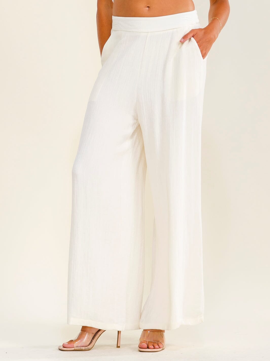 WOMEN'S ELASTIC WAIST FRONT POCKETS WIDE LEG PANTS