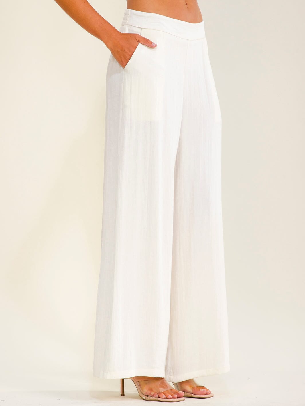 WOMEN'S ELASTIC WAIST FRONT POCKETS WIDE LEG PANTS