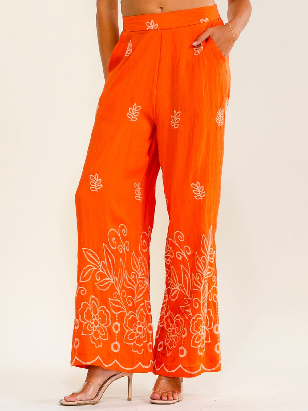 WOMEN'S ELASTIC WAIST FRONT POCKETS WIDE LEG EMBROIDERY PANTS