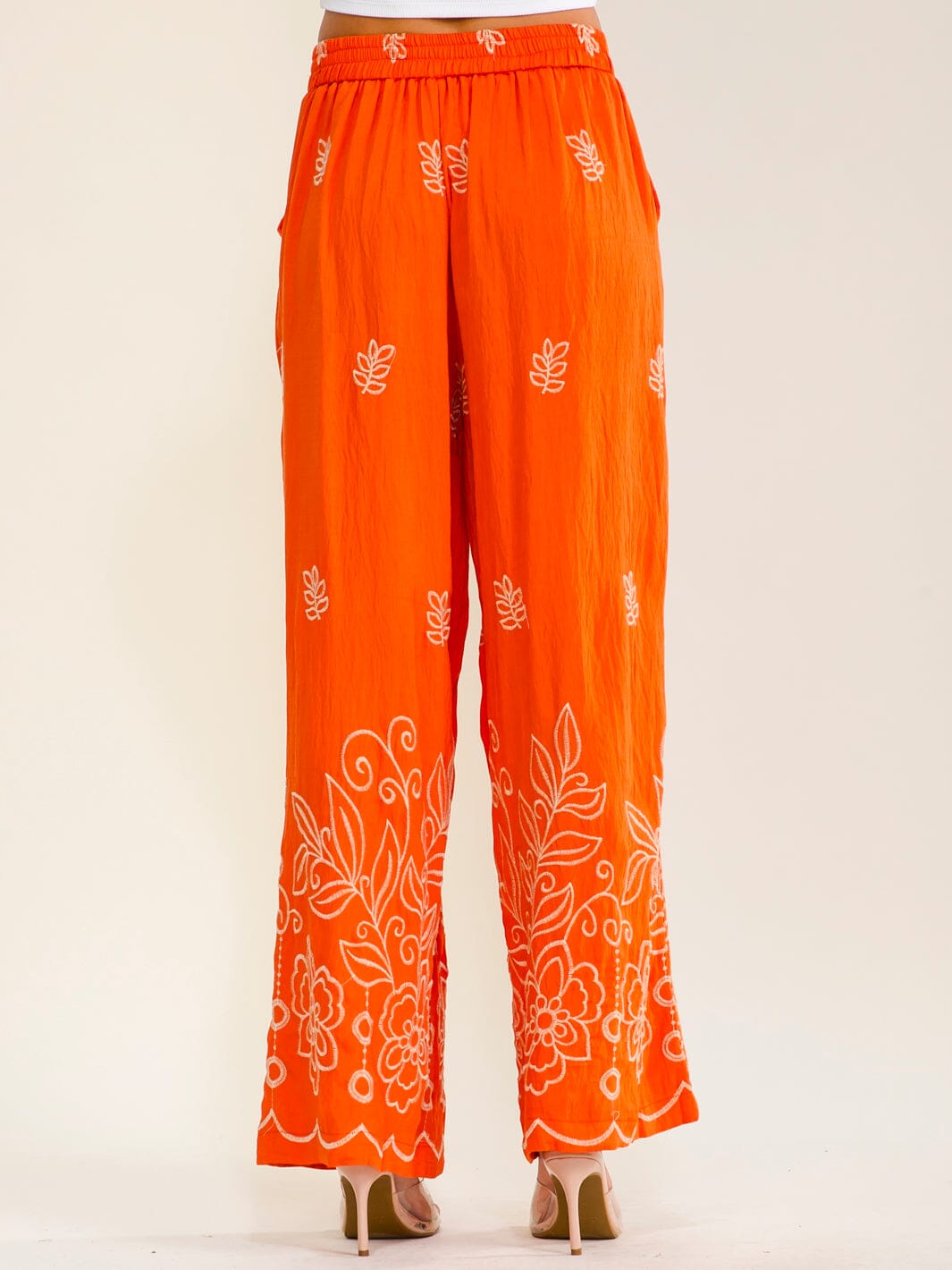 WOMEN'S ELASTIC WAIST FRONT POCKETS WIDE LEG EMBROIDERY PANTS